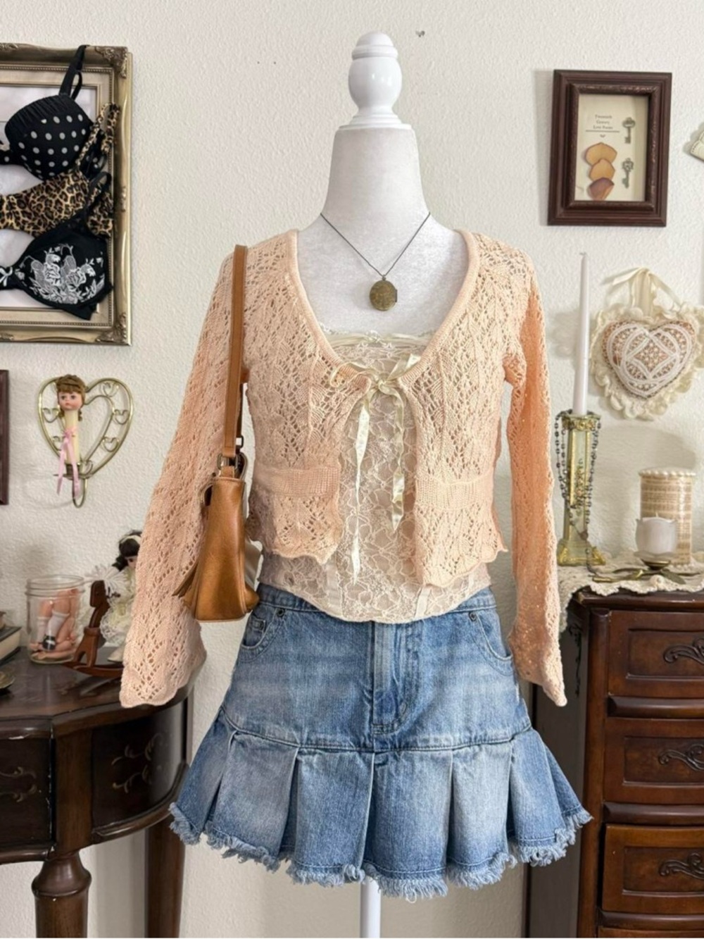 dainty coquette balletcore whimsical peachy cropped knit tie front cardigan